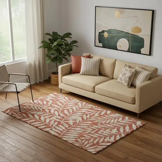 Rust And Beige Floral Washable Area Rug With UV Protection Photo 1