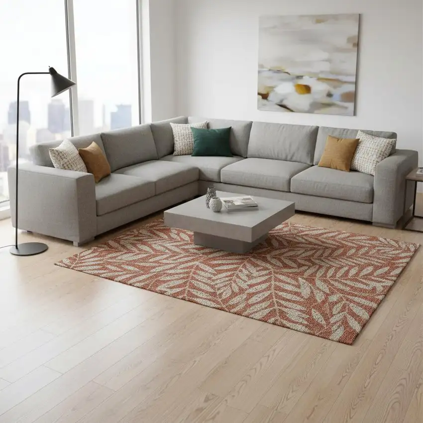 Rust And Beige Floral Washable Area Rug With UV Protection Photo 2