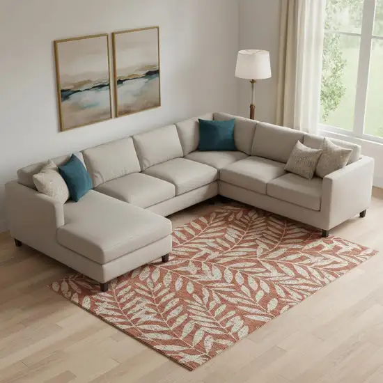 Rust And Beige Floral Washable Area Rug With UV Protection Photo 1