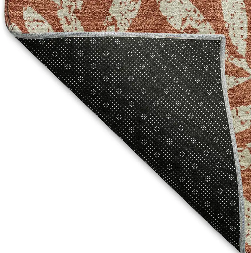 Rust And Beige Floral Washable Area Rug With UV Protection Photo 7