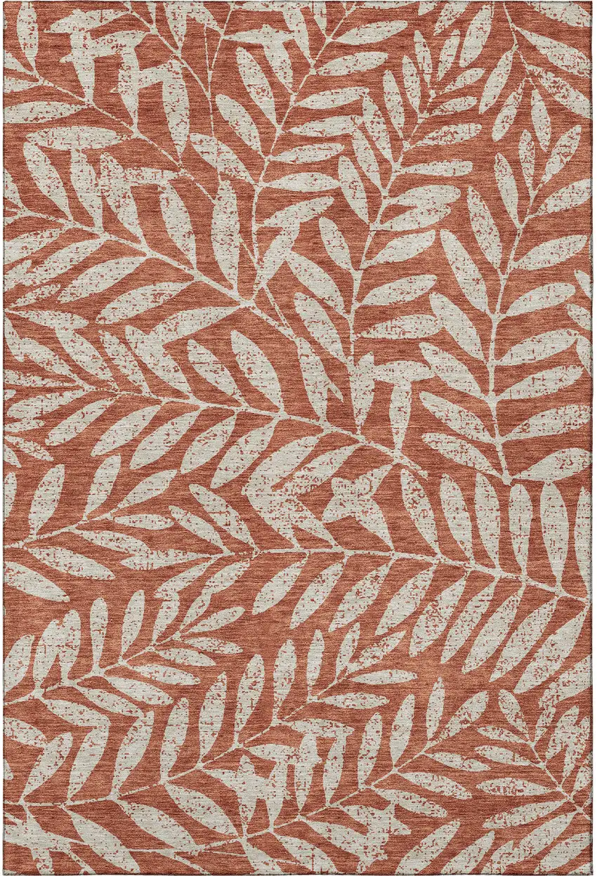 Rust And Beige Floral Washable Area Rug With UV Protection Photo 4