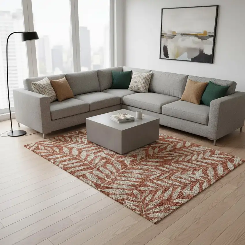 Rust And Beige Floral Washable Area Rug With UV Protection Photo 2