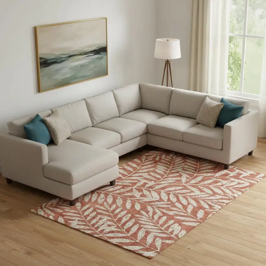 Rust And Beige Floral Washable Area Rug With UV Protection Photo 1