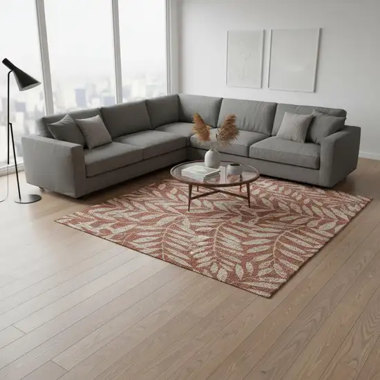 Rust And Beige Floral Washable Area Rug With UV Protection Photo 2
