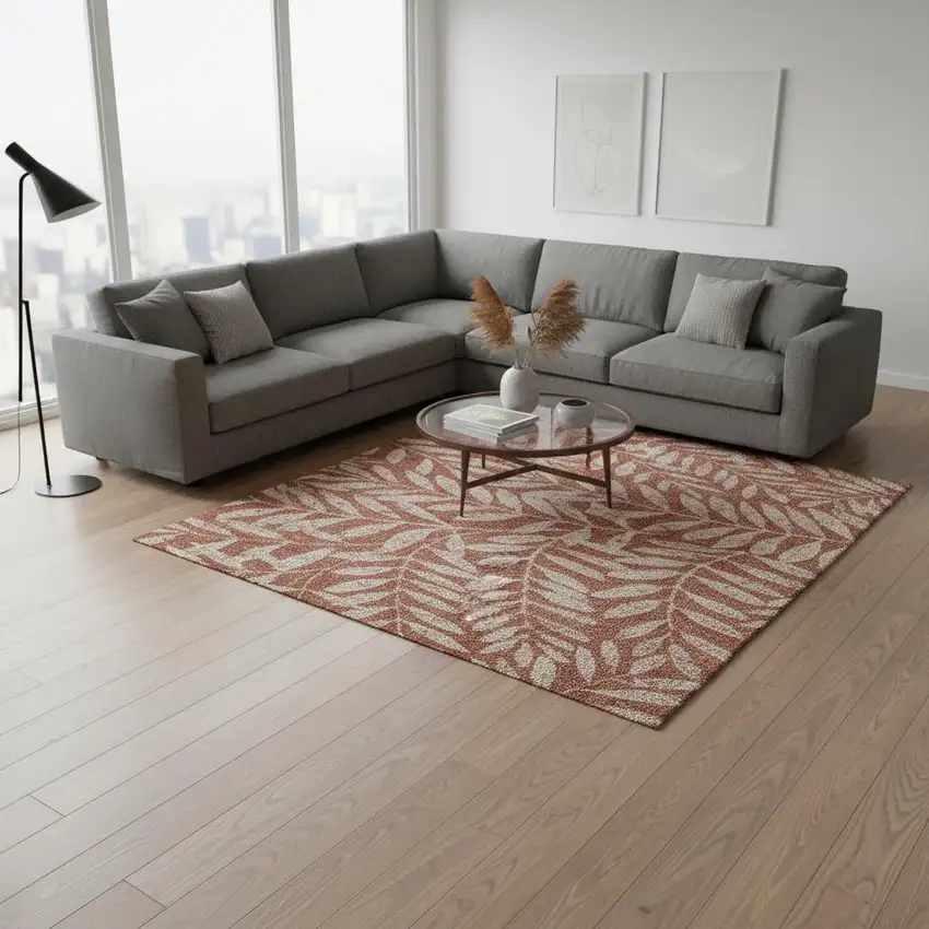 Rust And Beige Floral Washable Area Rug With UV Protection Photo 2