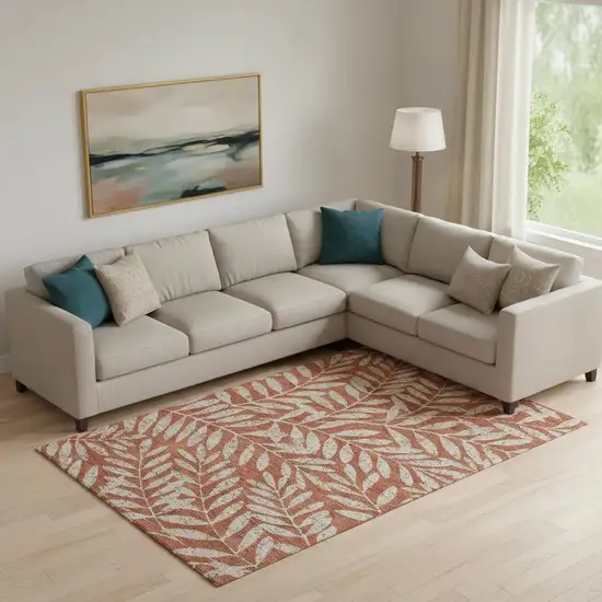 Rust And Beige Floral Washable Area Rug With UV Protection Photo 1