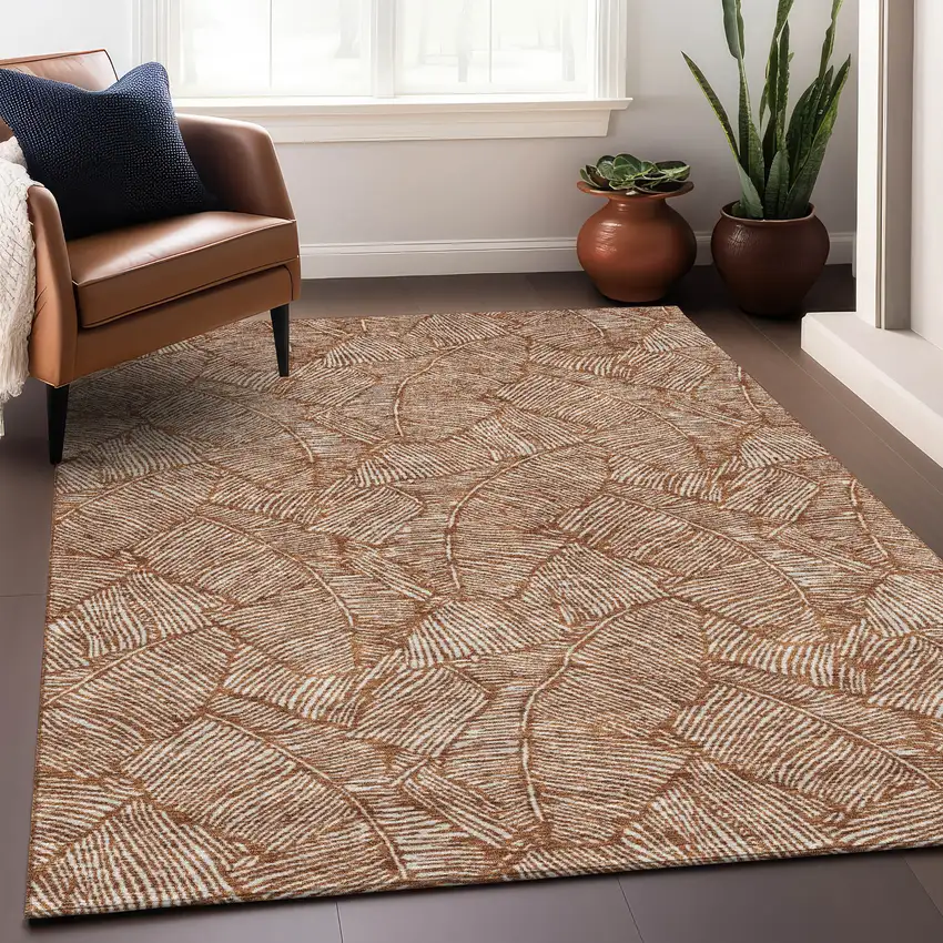 Rust And Beige Floral Washable Area Rug With UV Protection Photo 5