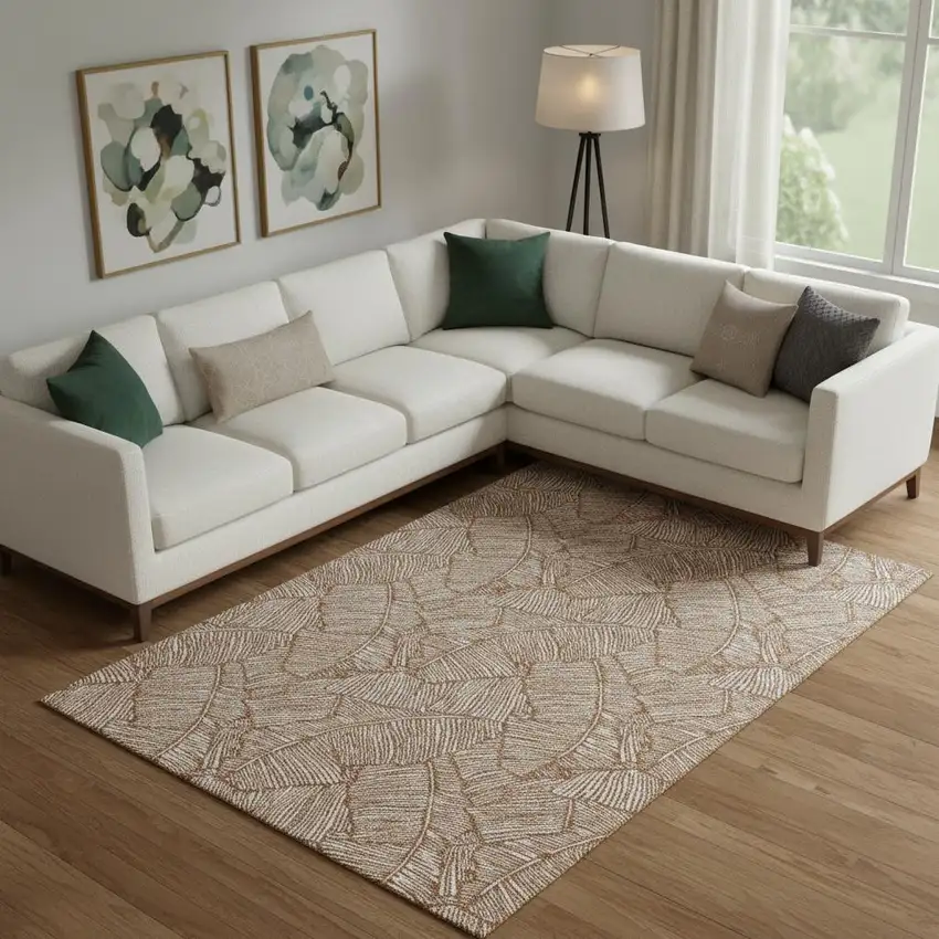 Rust And Beige Floral Washable Area Rug With UV Protection Photo 1