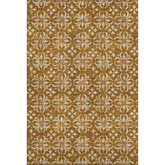 Rust And Beige Floral Washable Area Rug With UV Protection Photo 1