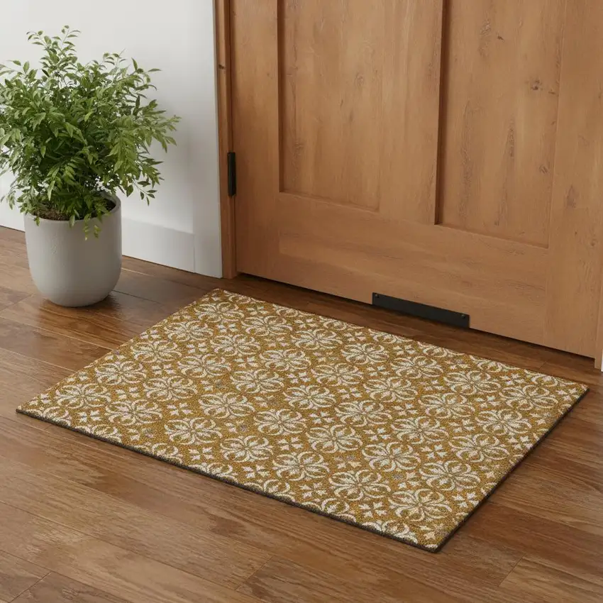 Rust And Beige Floral Washable Area Rug With UV Protection Photo 1