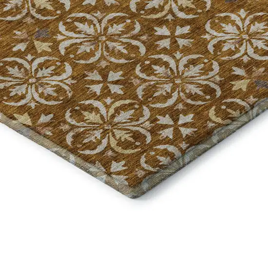 Rust And Beige Floral Washable Area Rug With UV Protection Photo 7