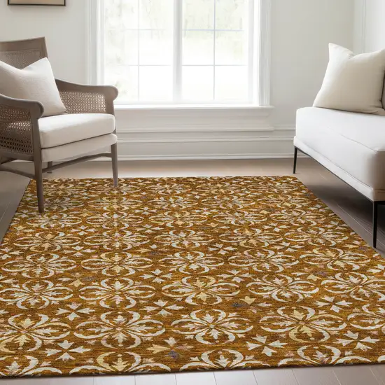 Rust And Beige Floral Washable Area Rug With UV Protection Photo 5