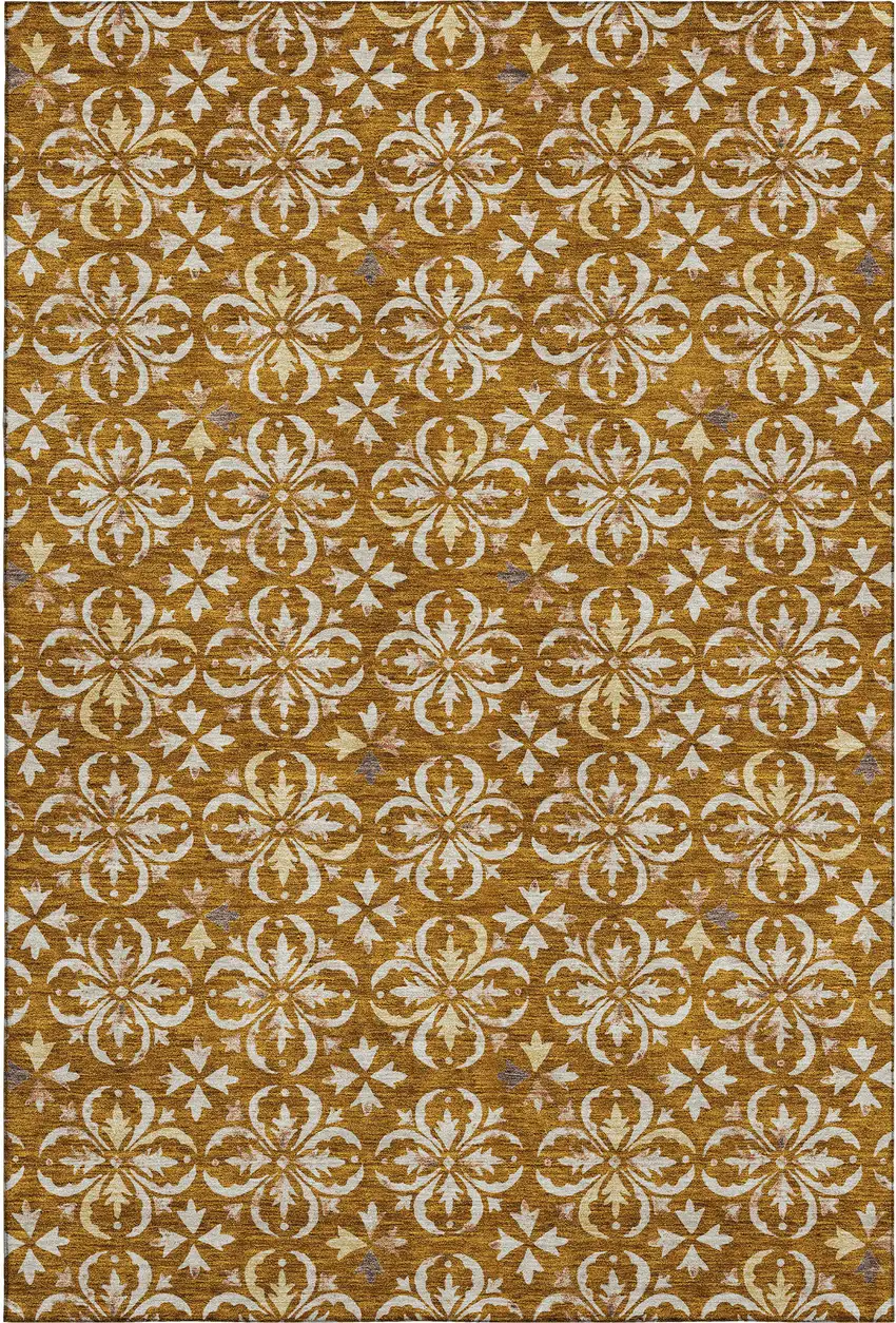 Rust And Beige Floral Washable Area Rug With UV Protection Photo 1