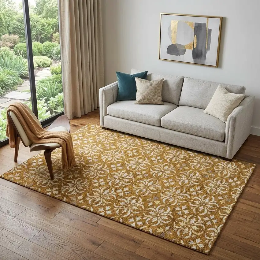 Rust And Beige Floral Washable Area Rug With UV Protection Photo 1
