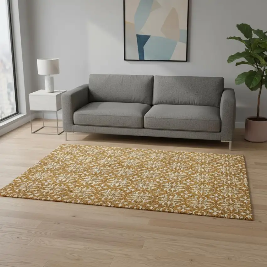 Rust And Beige Floral Washable Area Rug With UV Protection Photo 2