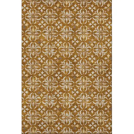 Rust And Beige Floral Washable Area Rug With UV Protection Photo 3