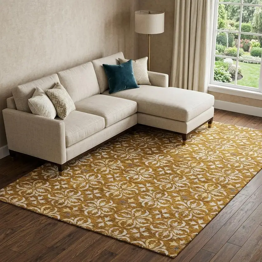 Rust And Beige Floral Washable Area Rug With UV Protection Photo 1