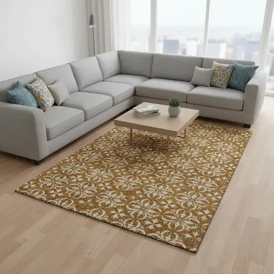 Rust And Beige Floral Washable Area Rug With UV Protection Photo 2