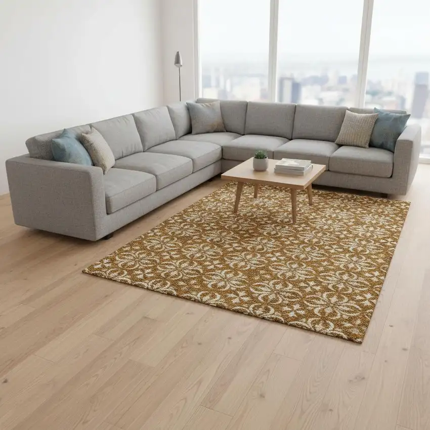 Rust And Beige Floral Washable Area Rug With UV Protection Photo 2