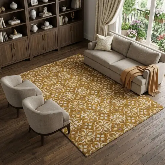 Rust And Beige Floral Washable Area Rug With UV Protection Photo 1