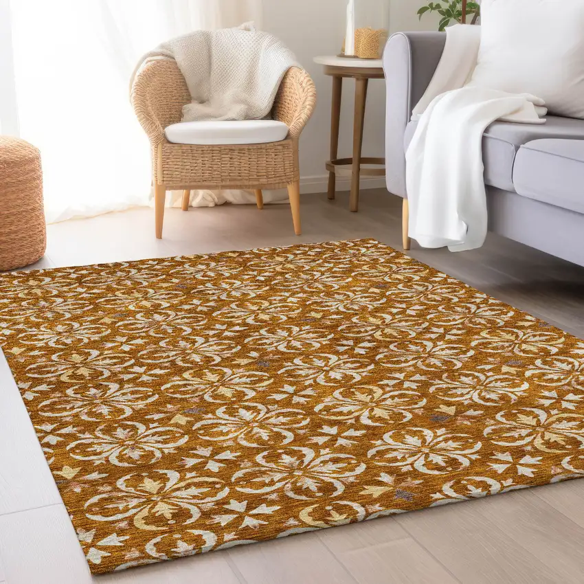 Rust And Beige Floral Washable Area Rug With UV Protection Photo 3
