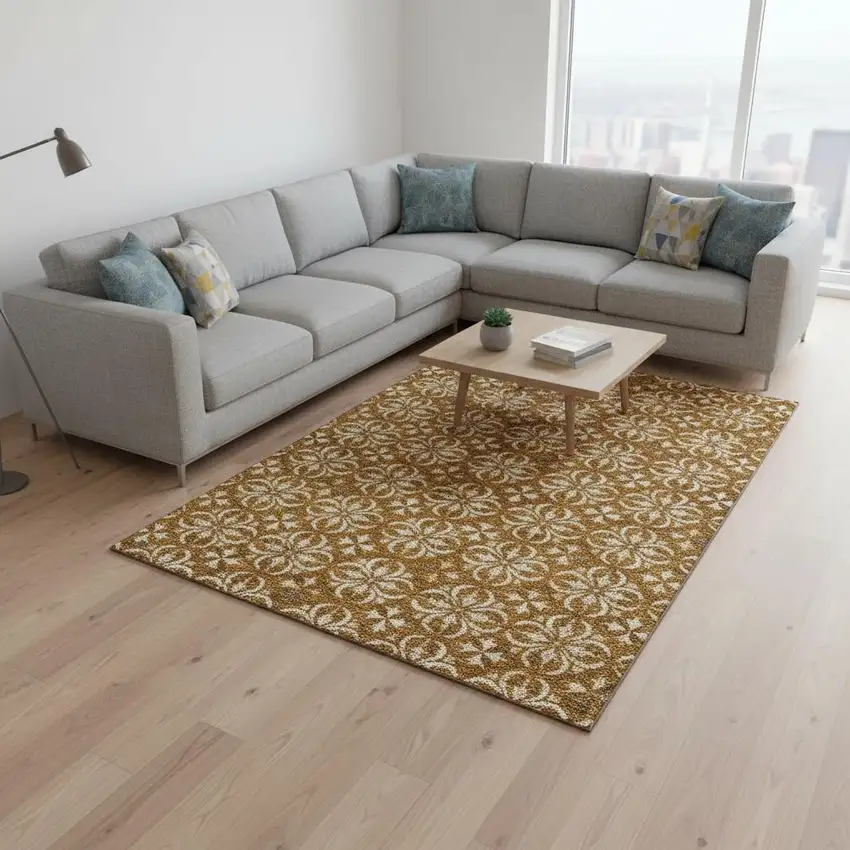 Rust And Beige Floral Washable Area Rug With UV Protection Photo 2