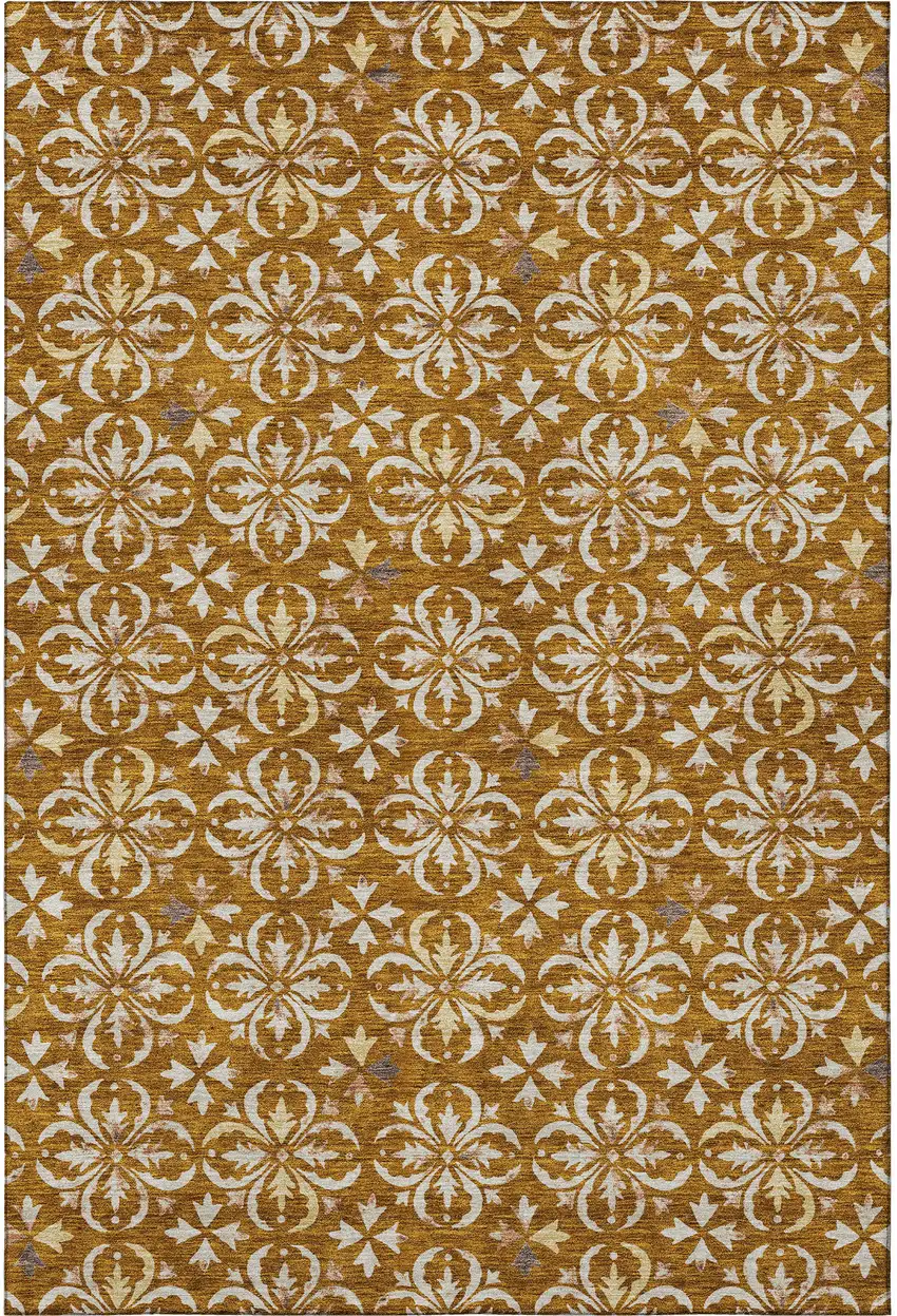 Rust And Beige Floral Washable Area Rug With UV Protection Photo 2