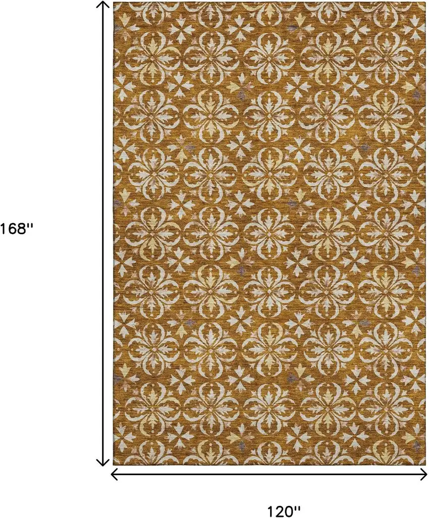 Rust And Beige Floral Washable Area Rug With UV Protection Photo 9