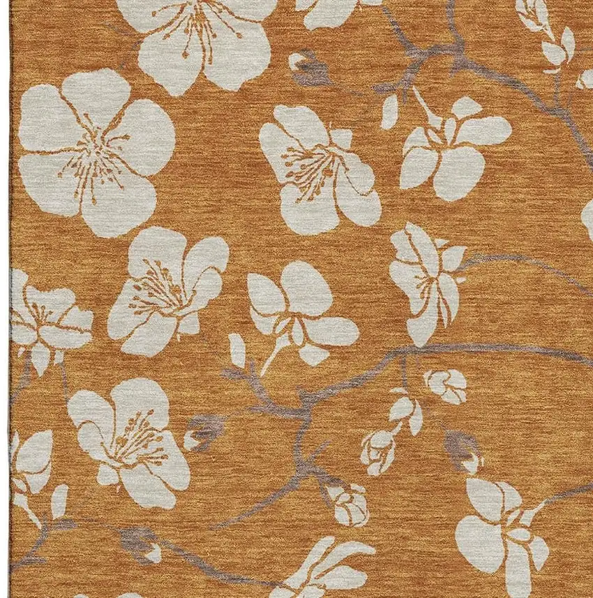 Rust And Beige Floral Washable Area Rug With UV Protection Photo 2