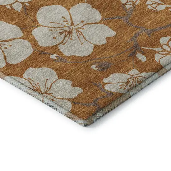 Rust And Beige Floral Washable Area Rug With UV Protection Photo 7