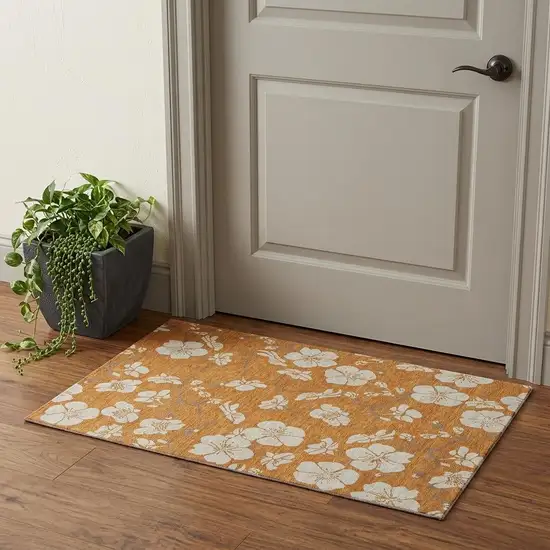Rust And Beige Floral Washable Area Rug With UV Protection Photo 1
