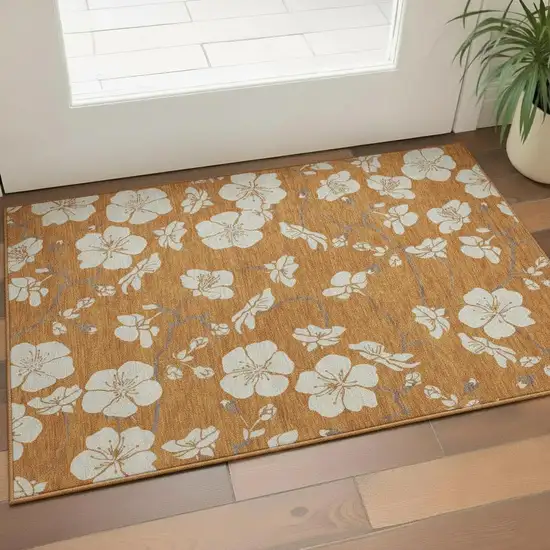 Rust And Beige Floral Washable Area Rug With UV Protection Photo 2