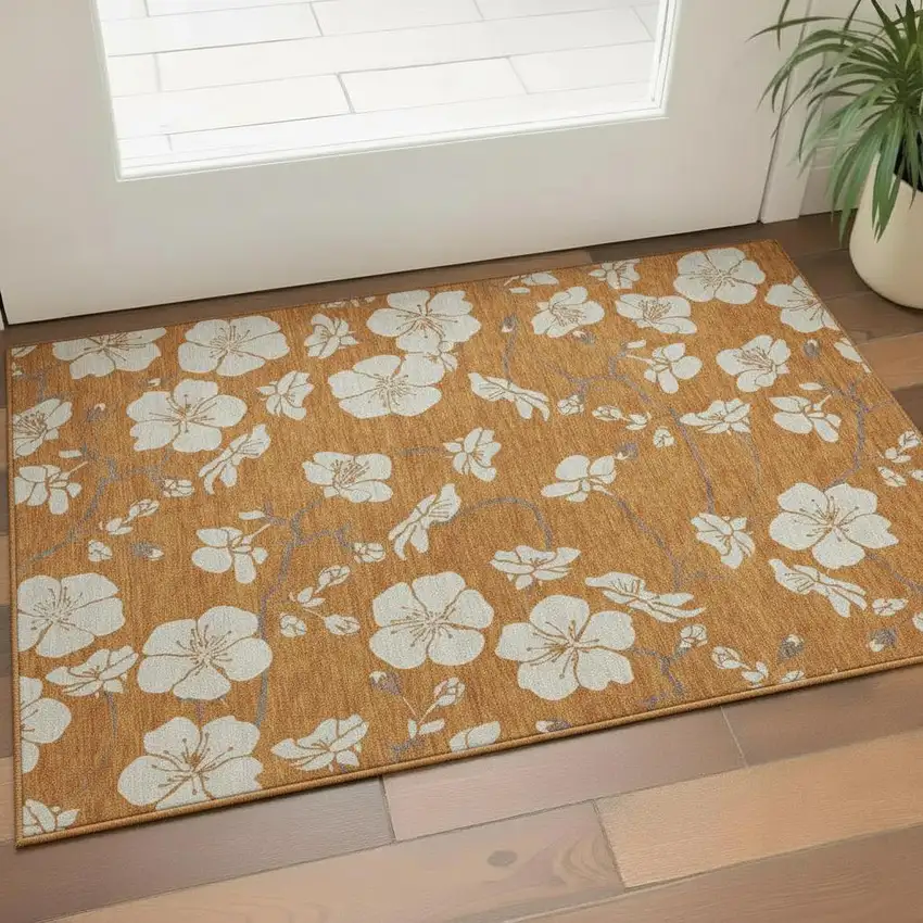 Rust And Beige Floral Washable Area Rug With UV Protection Photo 2