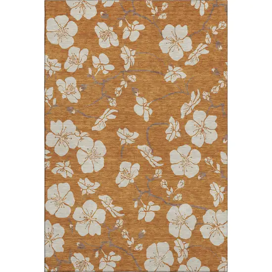 Rust And Beige Floral Washable Area Rug With UV Protection Photo 1