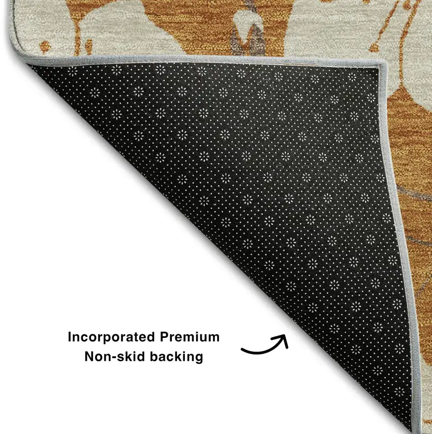 Rust And Beige Floral Washable Area Rug With UV Protection Photo 6