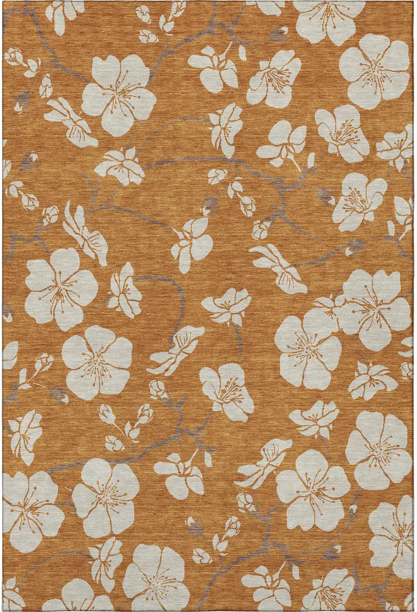 Rust And Beige Floral Washable Area Rug With UV Protection Photo 4