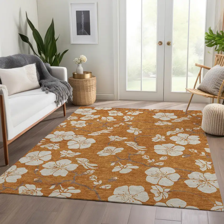 Rust And Beige Floral Washable Area Rug With UV Protection Photo 5