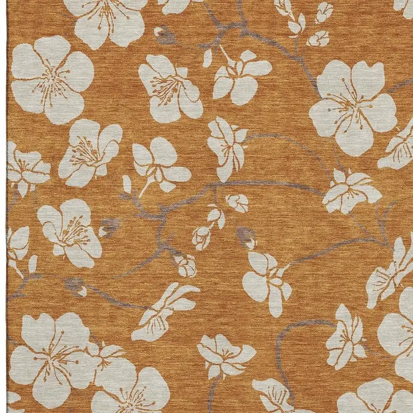 Rust And Beige Floral Washable Area Rug With UV Protection Photo 2