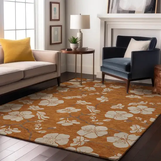 Rust And Beige Floral Washable Area Rug With UV Protection Photo 4