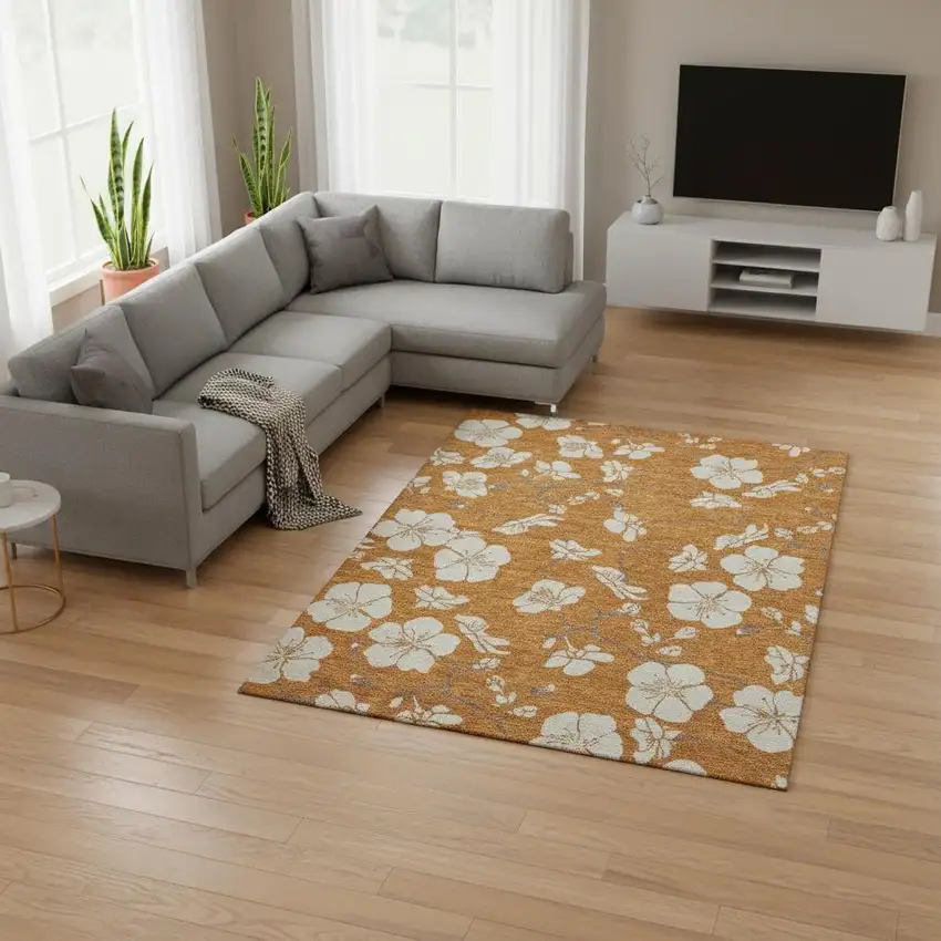 Rust And Beige Floral Washable Area Rug With UV Protection Photo 2
