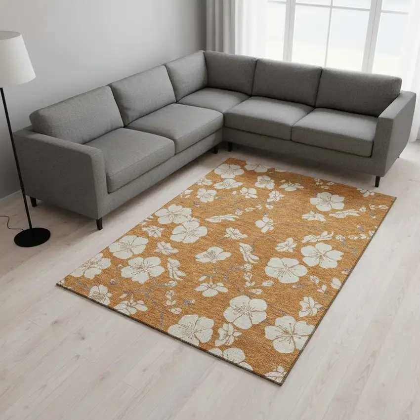 Rust And Beige Floral Washable Area Rug With UV Protection Photo 2