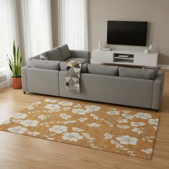 Rust And Beige Floral Washable Area Rug With UV Protection Photo 2