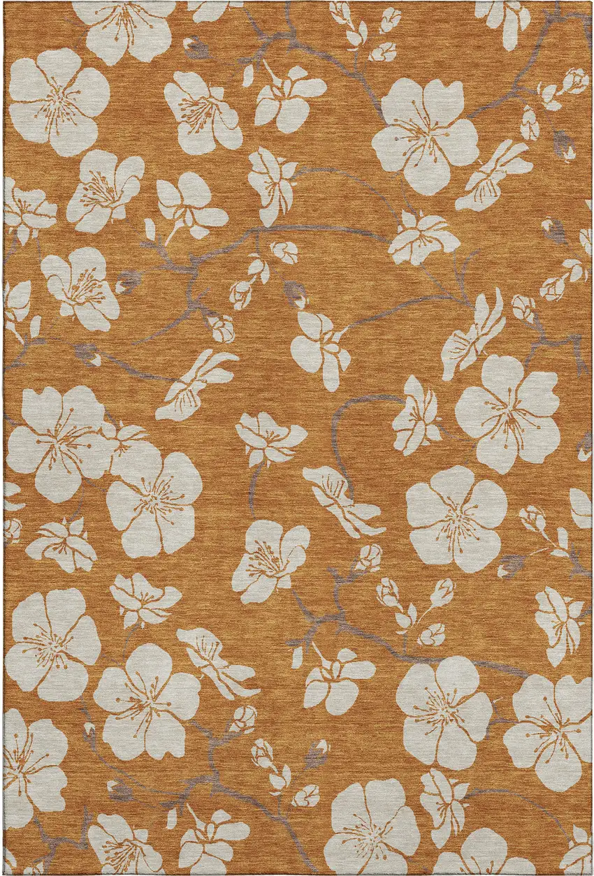 Rust And Beige Floral Washable Area Rug With UV Protection Photo 1