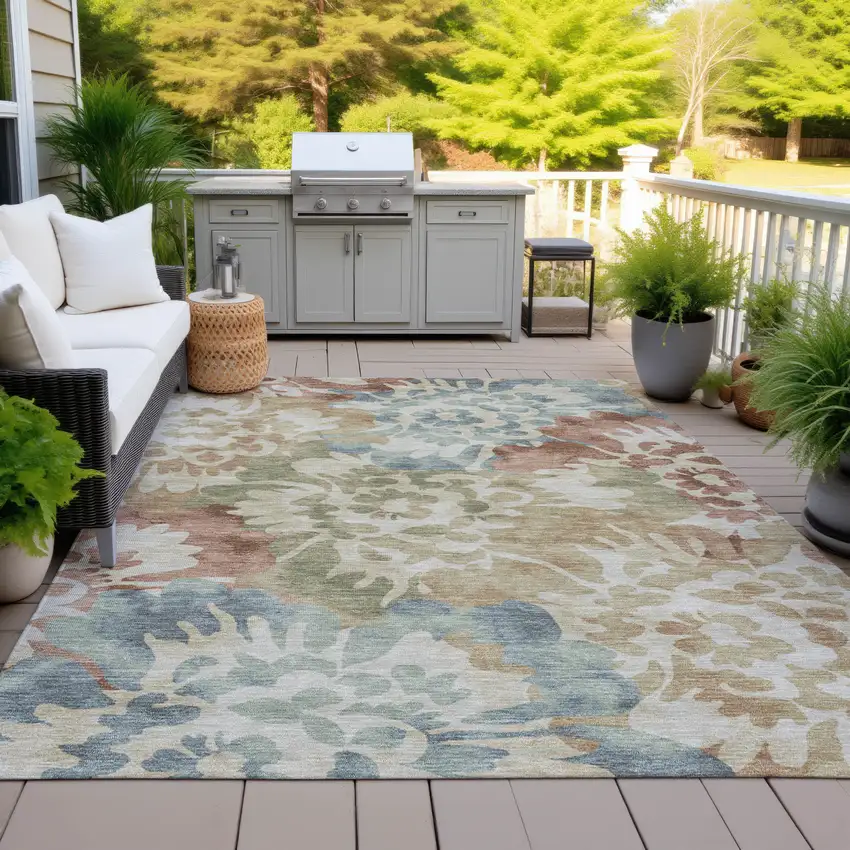 Rust And Beige Floral Washable Indoor Outdoor Area Rug Photo 4