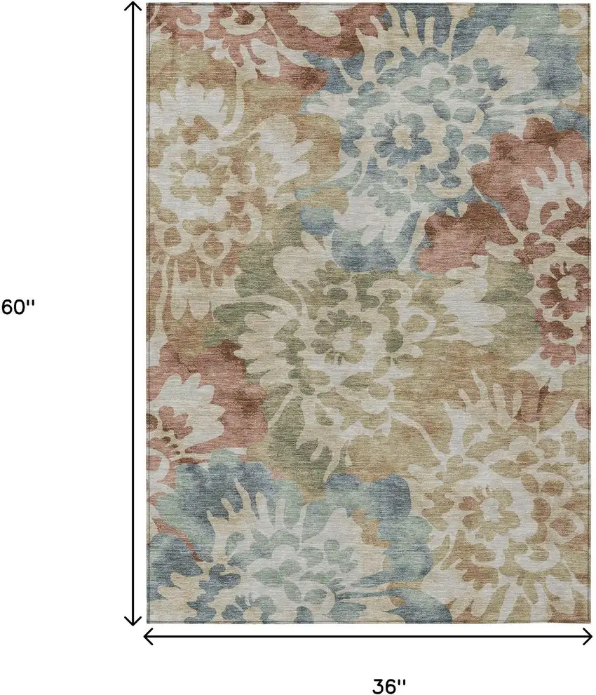 Rust And Beige Floral Washable Indoor Outdoor Area Rug Photo 9