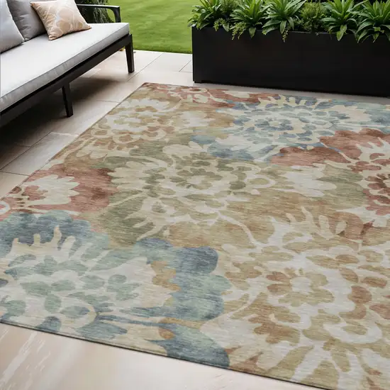 Rust And Beige Floral Washable Indoor Outdoor Area Rug Photo 2