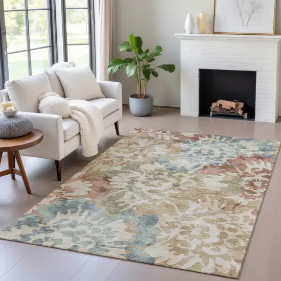 Rust And Beige Floral Washable Indoor Outdoor Area Rug Photo 6