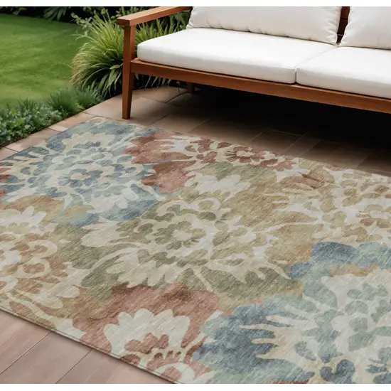 Rust And Beige Floral Washable Indoor Outdoor Area Rug Photo 2