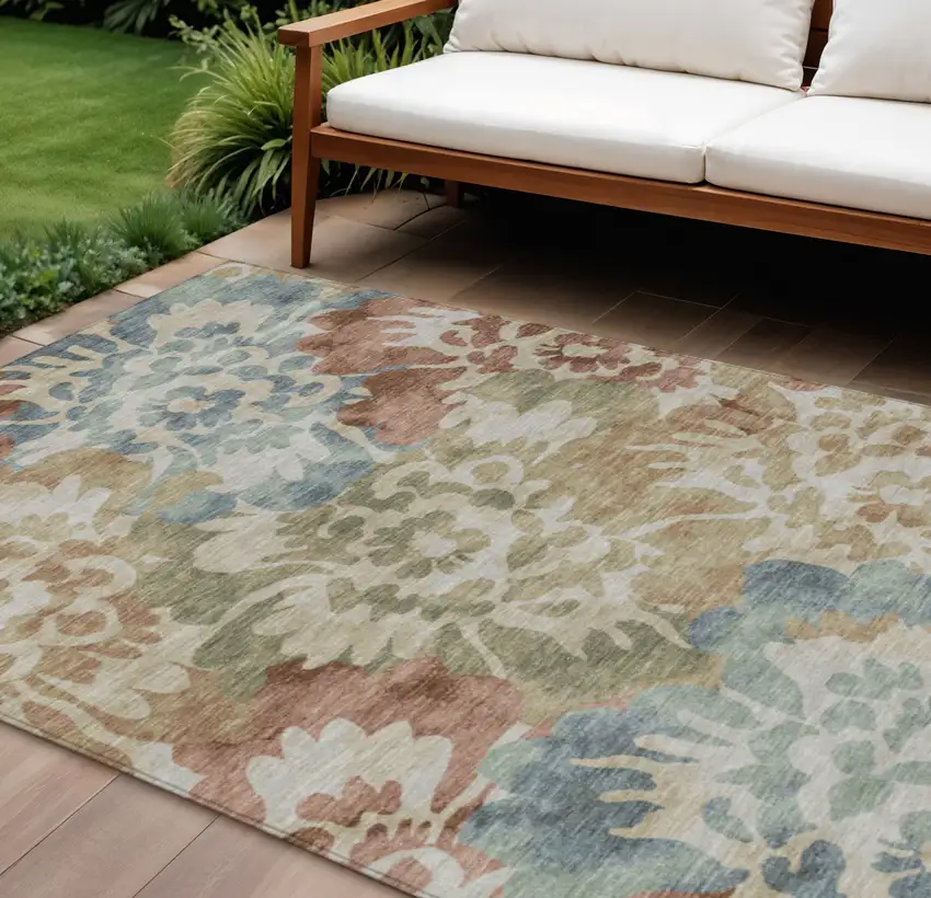 Rust And Beige Floral Washable Indoor Outdoor Area Rug Photo 2