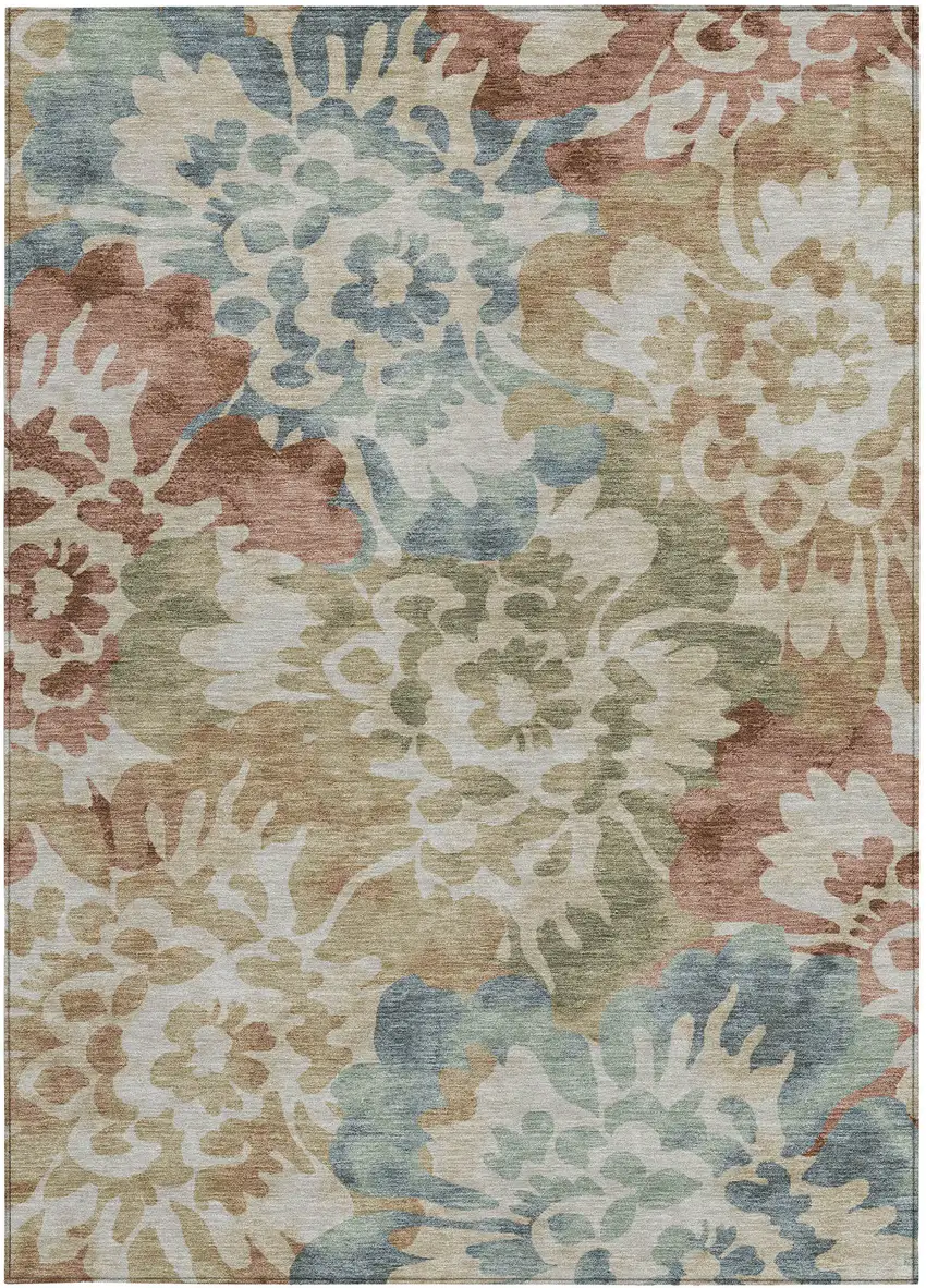 Rust And Beige Floral Washable Indoor Outdoor Area Rug Photo 4